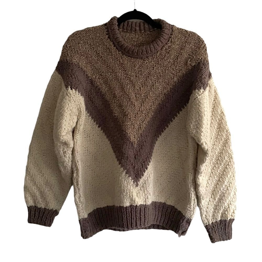 Vintage Wool Hand Knit Crew Neck Long Sleeve Chunky Knit Sweater Cream Tan L